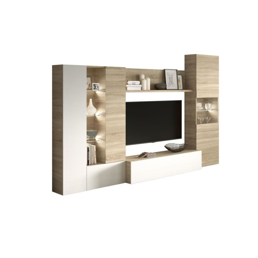ESSENCIAL Meuble TV avec LED classique blanc brillant et décor chene
