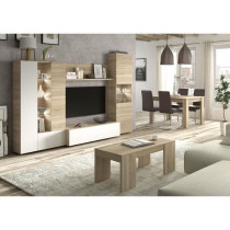 ESSENCIAL Meuble TV avec LED classique blanc brillant et décor chene