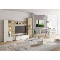 ESSENCIAL Meuble TV avec LED classique blanc brillant et décor chene