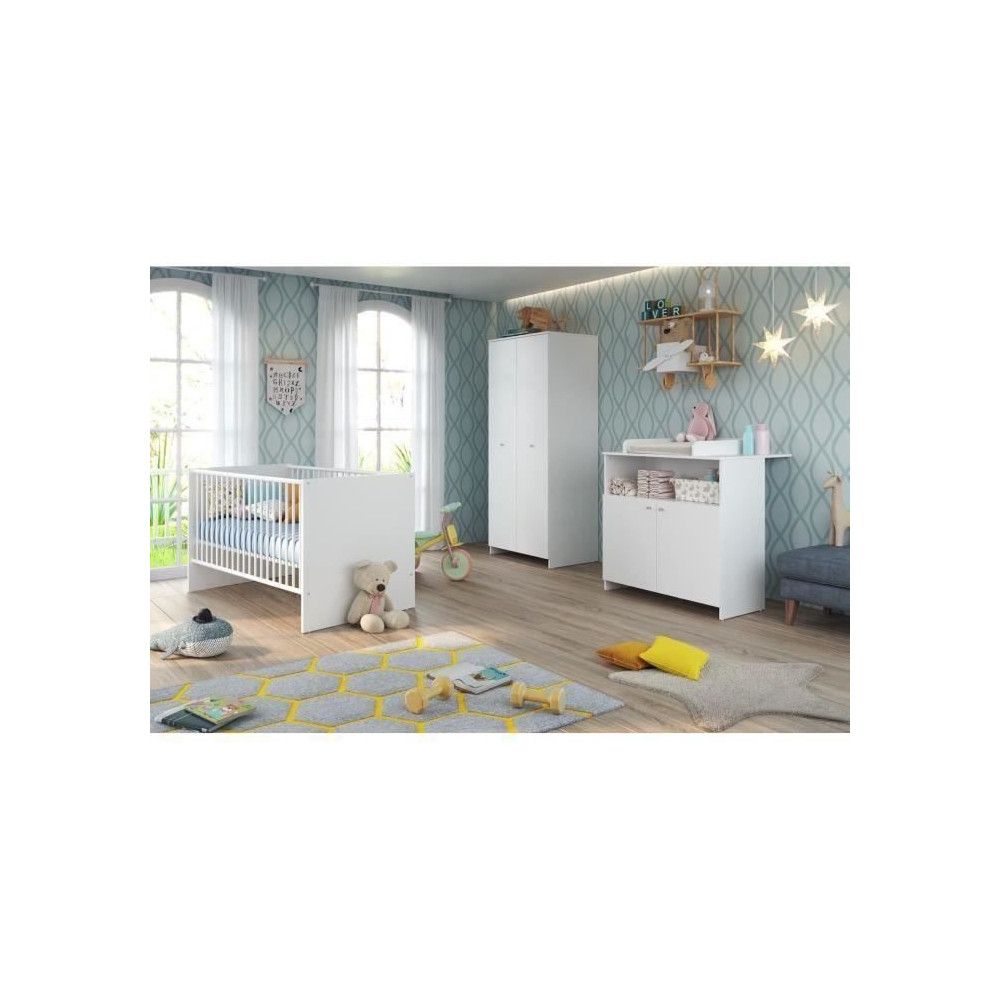 Chambre bébé Trio : Lit 70 x 140 cm + Commode a langer + Armoire NIK