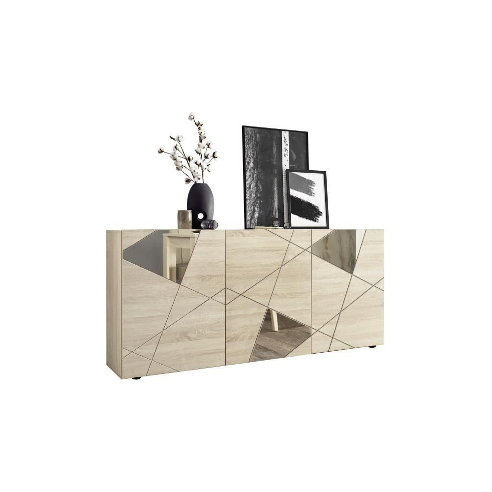 Buffet VICTORY - Décor Chene Sonoma - 3 Portes - Miroir - L 181 x P 4