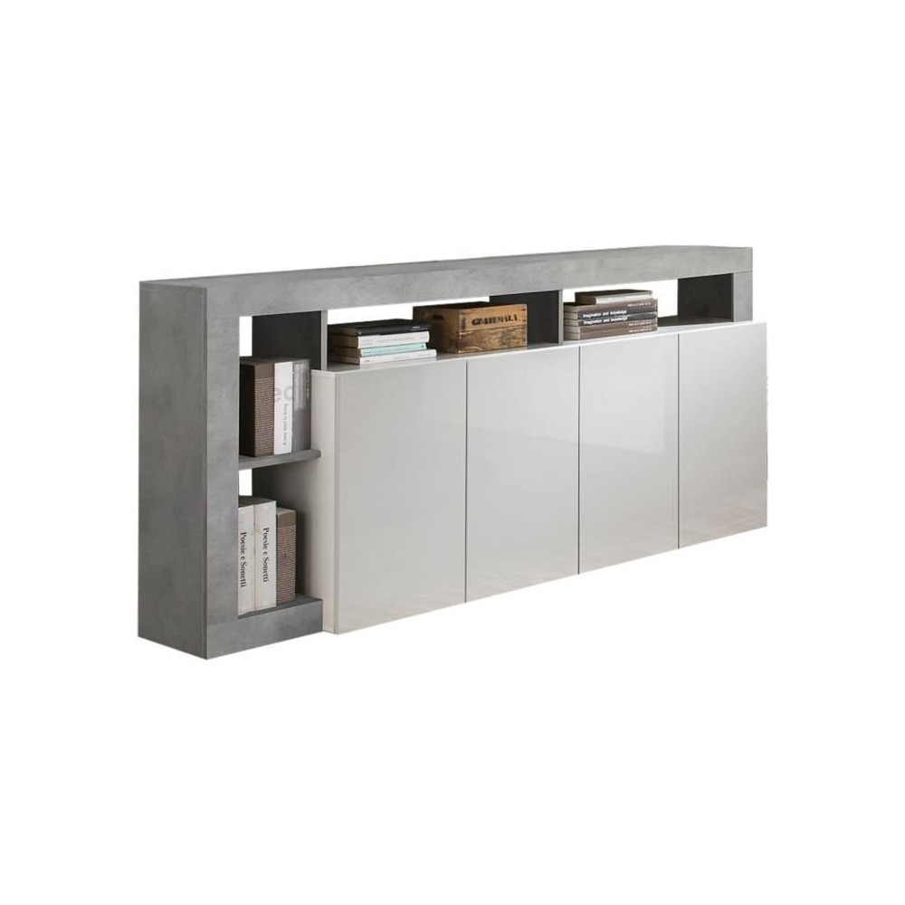 Buffet MAESTRO - Décor béton et blanc laqué brillant - 4 portes - L
