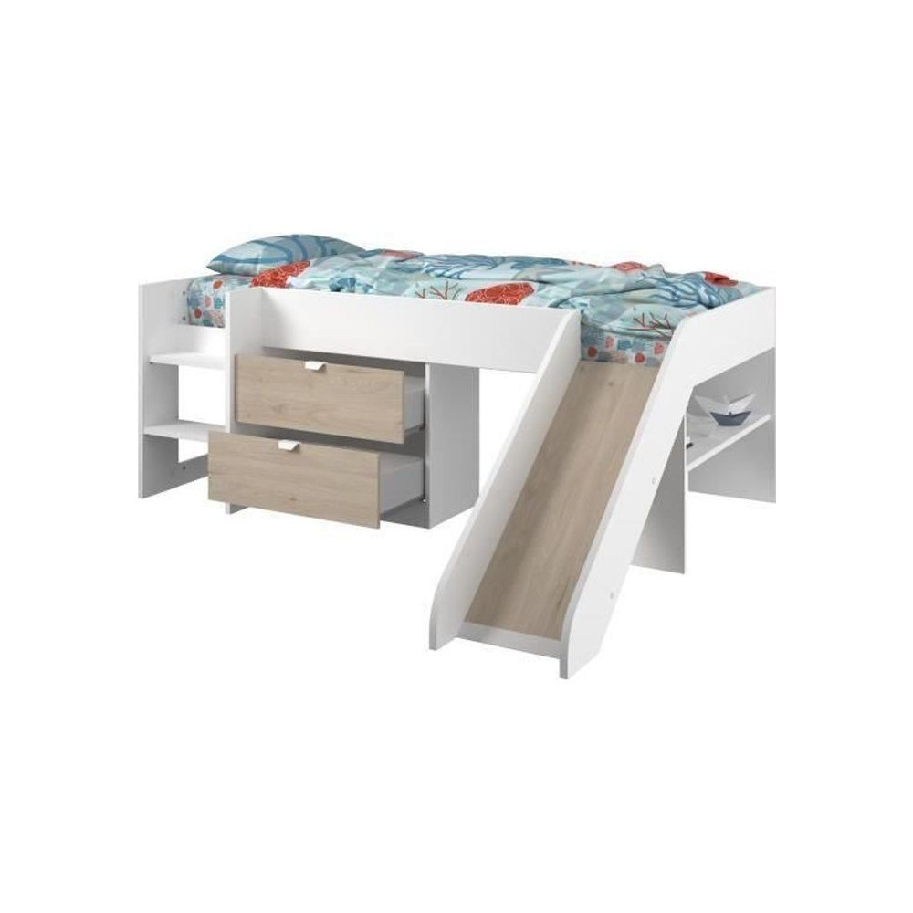 PARISOT SLIDE - Lit toboggan enfant - Décor Blanc et Chene Jackson -