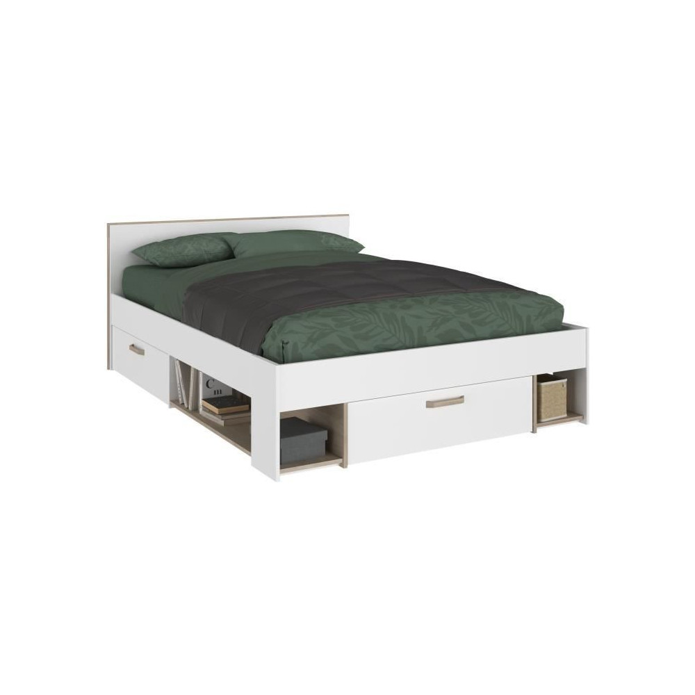 Lit adulte DREAM 140 x 190/200 cm - 3 tiroirs - Décor blanc et chene