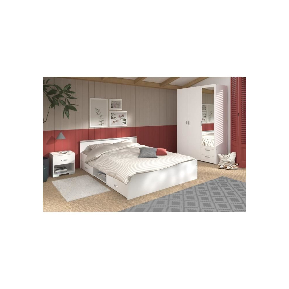 Chambre complete adulte: Lit 160 x 200 cm + armoire 3 portes et 2 tiro