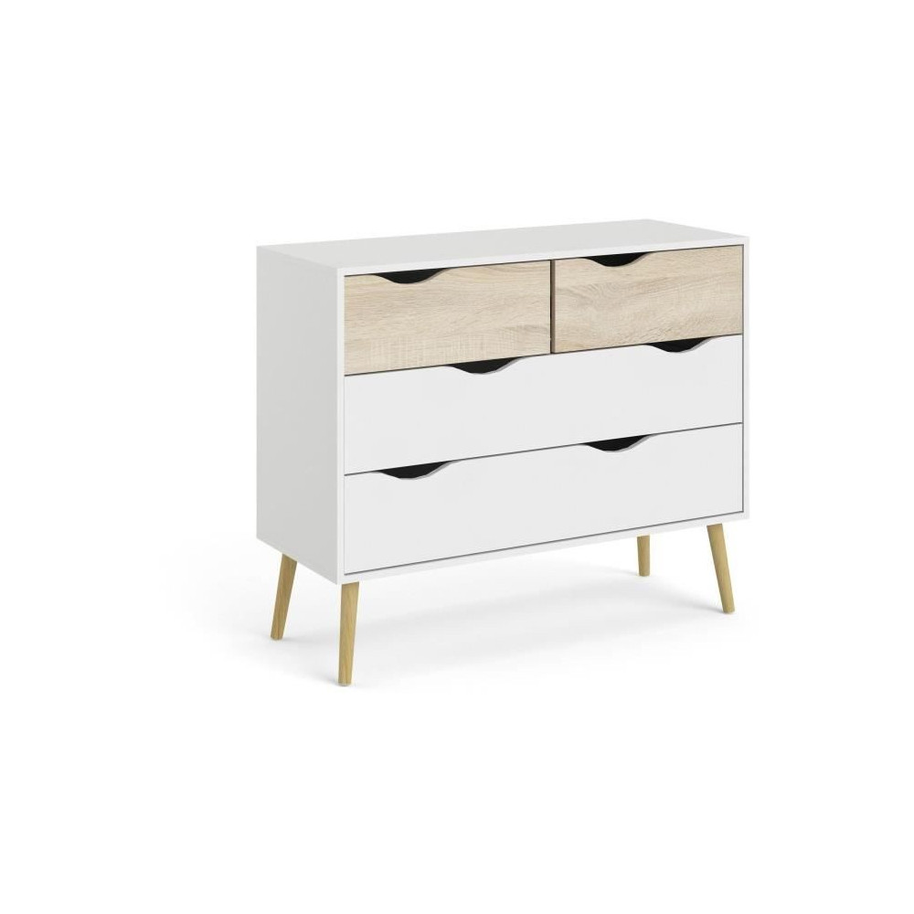 Commode 4 tiroirs - Blanc / Chene - Pietement évasé en bois massif -