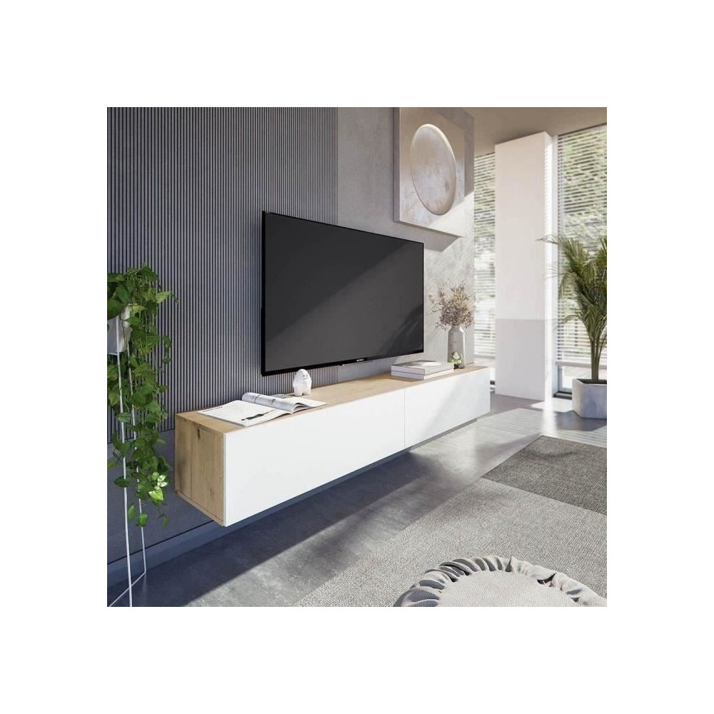 Meuble TV suspendu - L 180X P 28X H 35 cm KAWAY - Décor blanc et chen