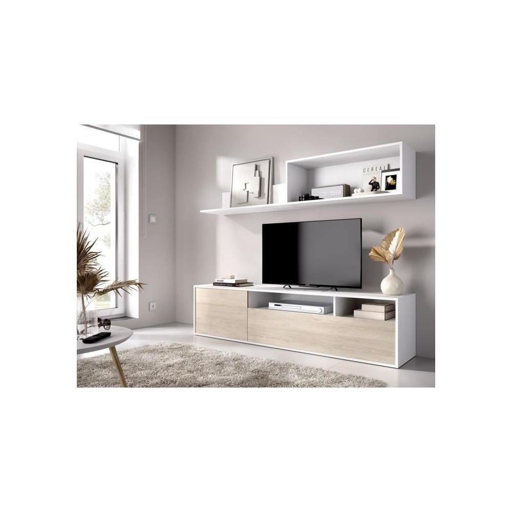Meuble de salon TV compact - BAY - 2 portes - Chene clair / Blanc - 18