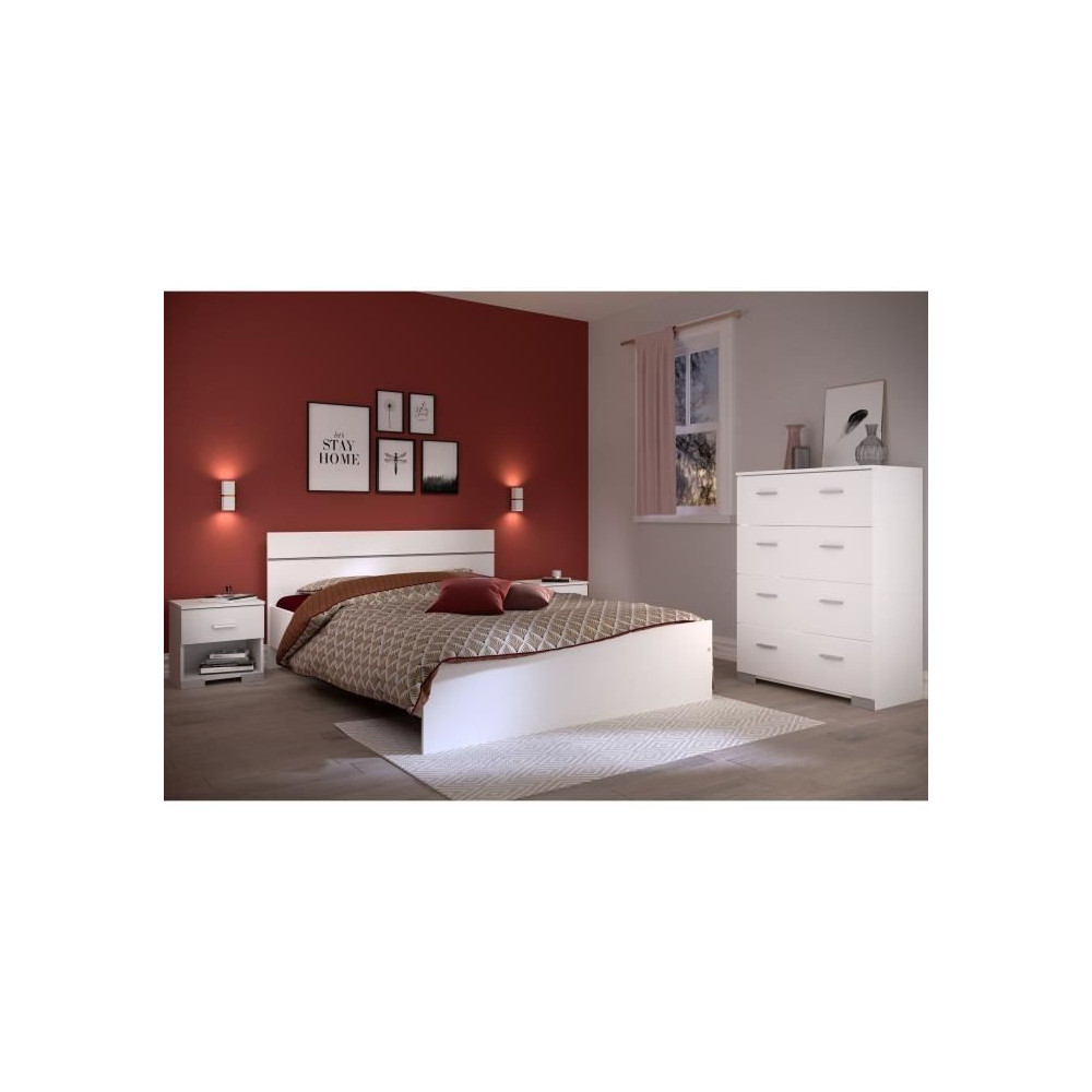 Chambre complete BOSTON : Lit adulte 140x190 + Commode + 2 Chevets - D