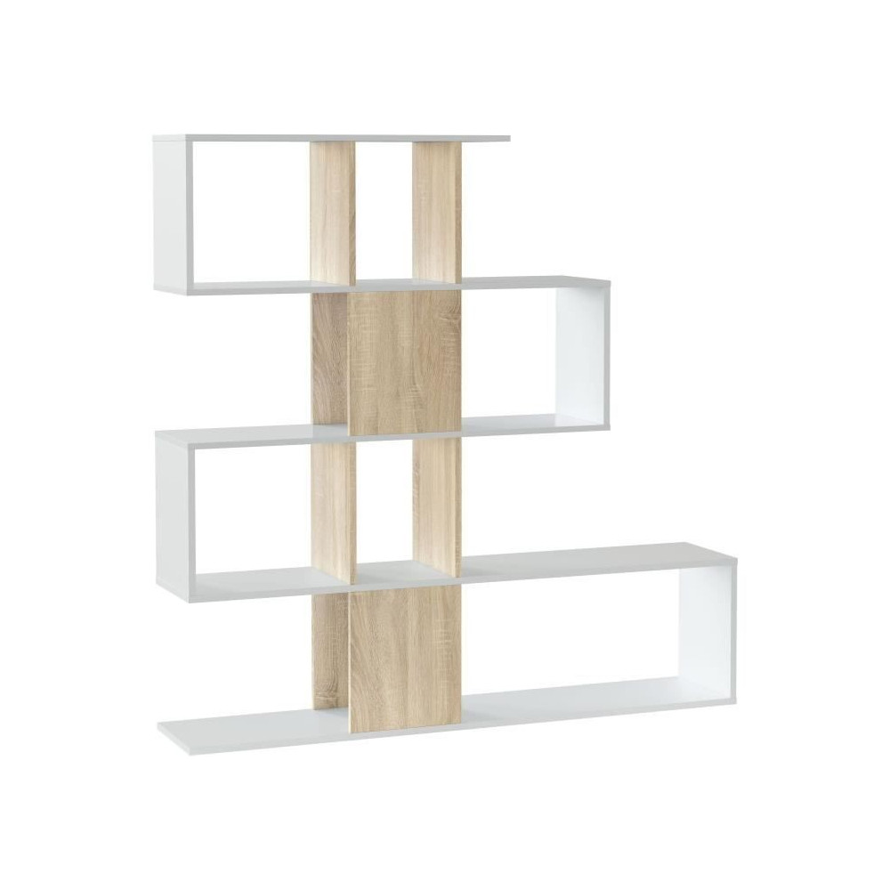 Bibliotheque étagere ZIGZAG - Chene et blanc - 4 niveaux - Mélamine