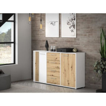 Buffet CARDIGAN 2 portes, 4 tiroirs - Décor chene artisan et blanc -