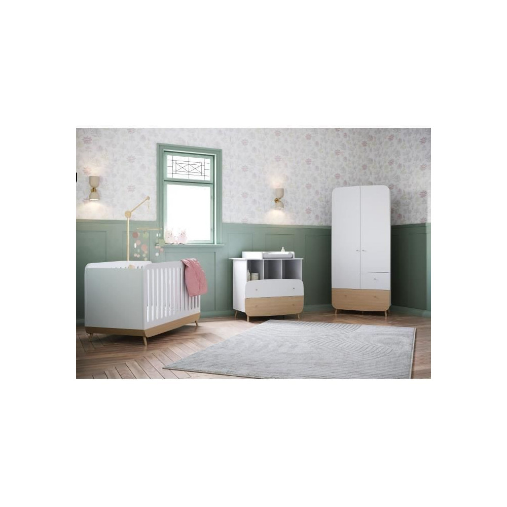 Ens. lit bébé 70 x 140 Kit évolutif, commode 2 tiroirs, 3 niches et