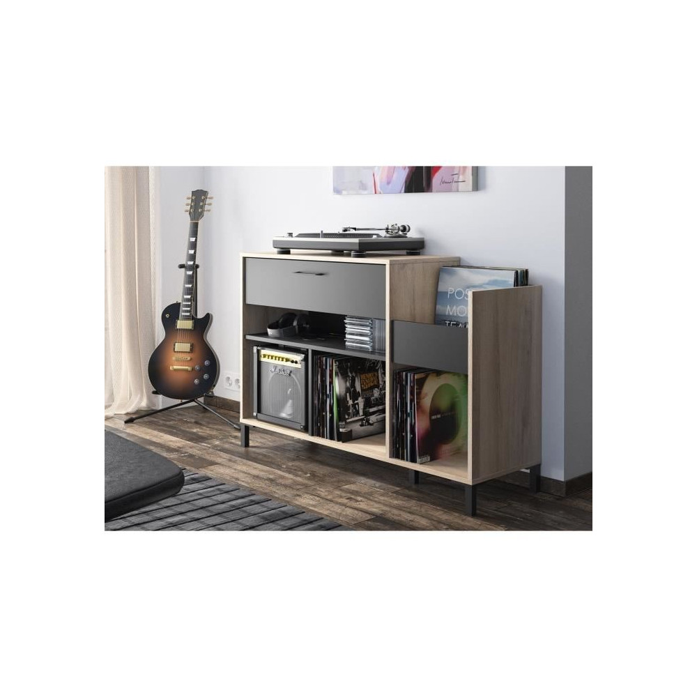 Meuble rangement vinyle - GAMI - Platine - Style urbain - Décor chene