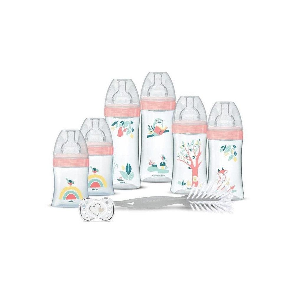 Dodie Kit Naissance - 6 Biberons Anti-Colique Tétines Plates, 1 Sucet
