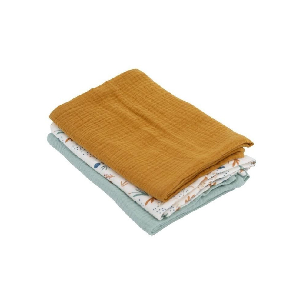 Lot de 3 langes Bambou - DOMIVA - 1 Imprimé + 2 Uni - Vert caramel -