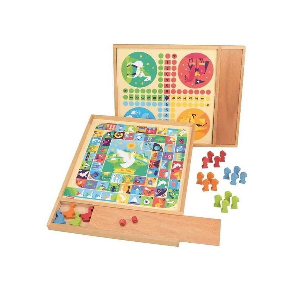 JEUJURA Jeux de l'oie et petits chevaux - Plateau avec plumier en bois