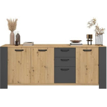 Buffet LOFT - Décor chene artisan et mélamine gris ombre - 3 portes