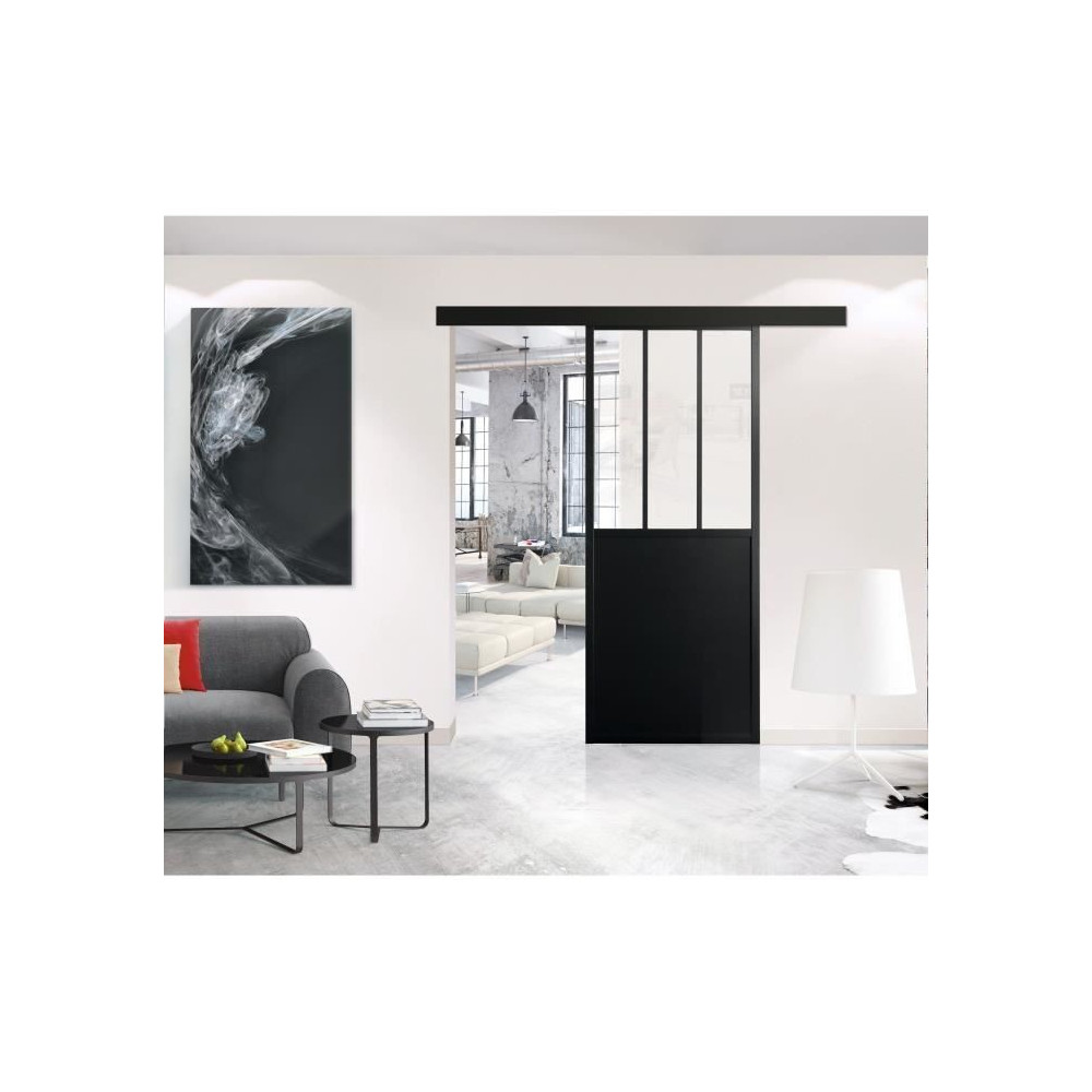 OPTIMUM - Kit porte coulissante + rail + bandeau Atelier - H 204 x L 7