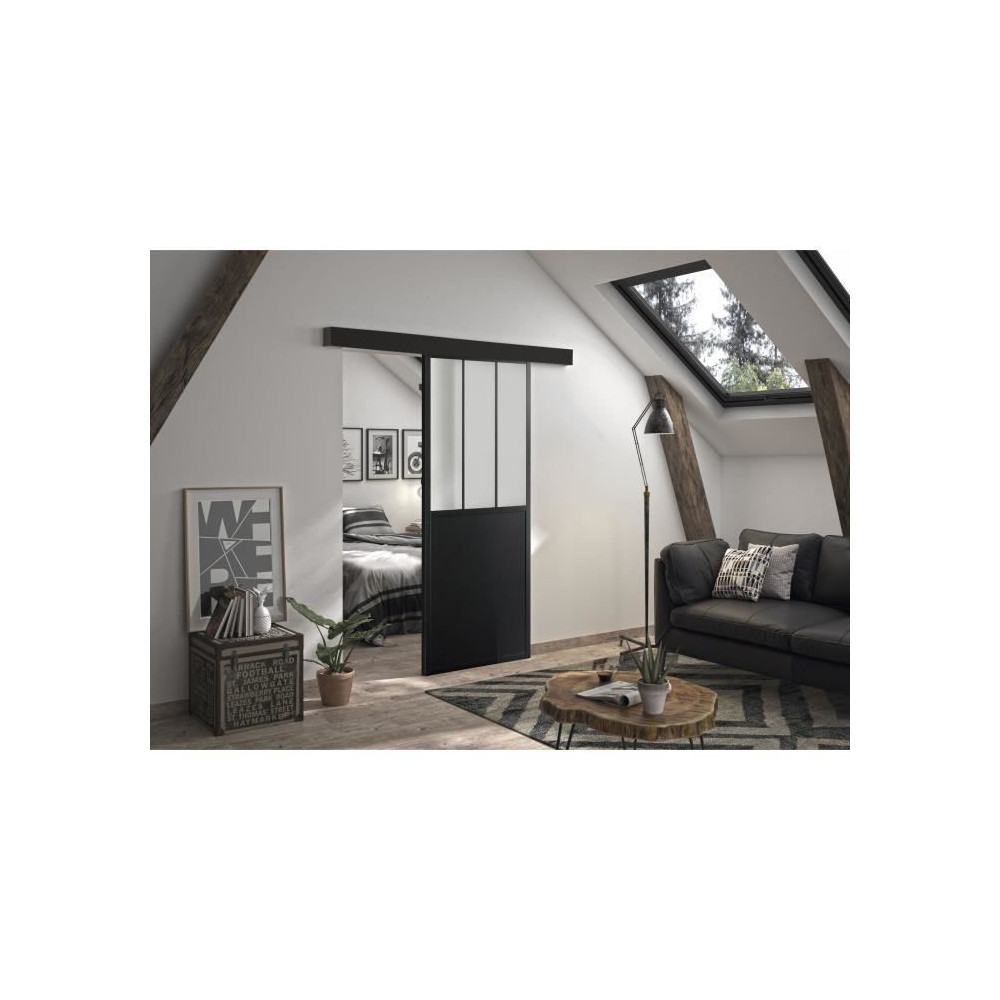 OPTIMUM Kit porte coulissante ATELIER noir + rail 2 amortisseurs + cac