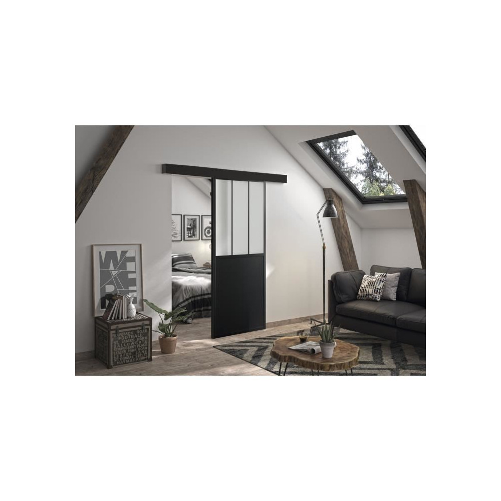 OPTIMUM - Kit porte coulissante + rail + bandeau Atelier - H 204 x L 9