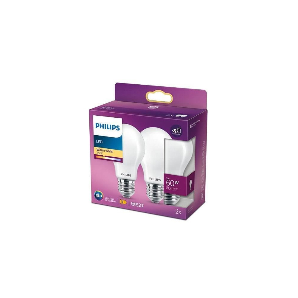 PHILIPS LED Classic 60W Standard E27 Blanc Chaud Non Dimmable Lot de 2