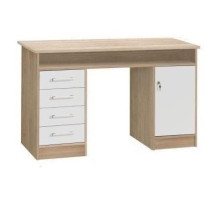 Bureau droit a clés avec 1 porte et 4 tiroirs - Décor chene et blanc