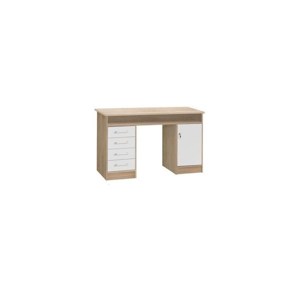 Bureau droit a clés avec 1 porte et 4 tiroirs - Décor chene et blanc
