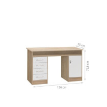 Bureau droit a clés avec 1 porte et 4 tiroirs - Décor chene et blanc