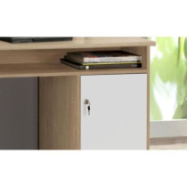 Bureau droit a clés avec 1 porte et 4 tiroirs - Décor chene et blanc