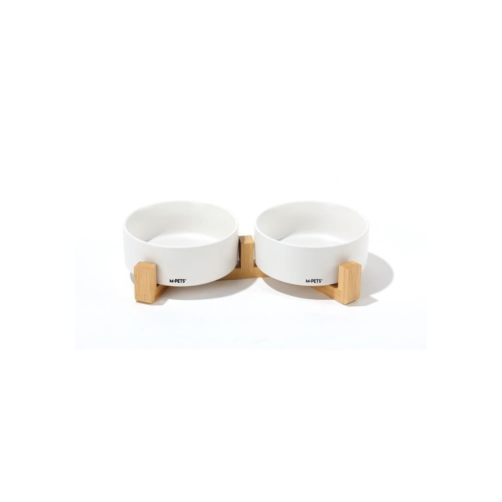 Bols céramique avec support en bambou 2x350 ml - Mpets - OPERA - Blan