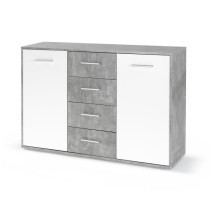 Buffet bas PILVI - 2 portes et 4 tiroirs - Blanc et béton clair - L 1