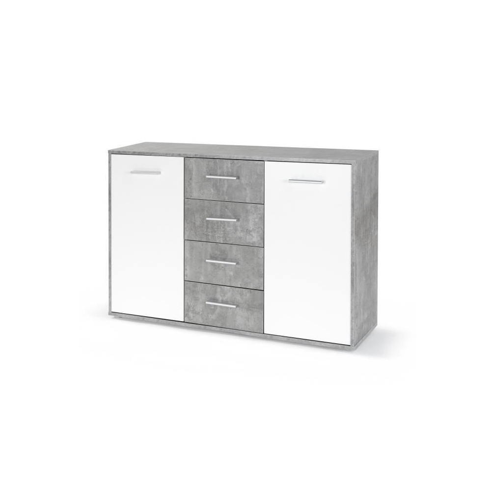 Buffet bas PILVI - 2 portes et 4 tiroirs - Blanc et béton clair - L 1