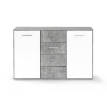 Buffet bas PILVI - 2 portes et 4 tiroirs - Blanc et béton clair - L 1