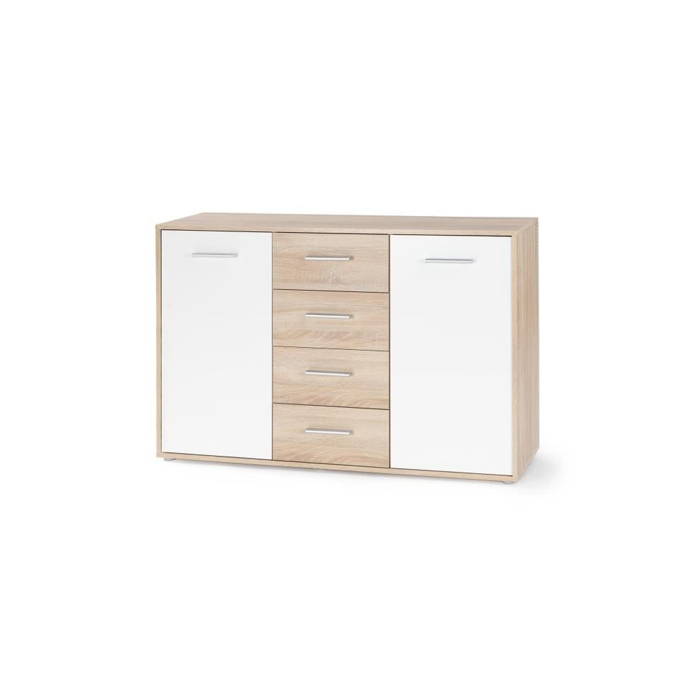 Buffet bas PILVI - 2 portes et 4 tiroirs - Blanc et chene sonoma - L 1