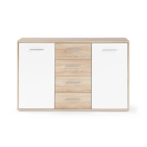Buffet bas PILVI - 2 portes et 4 tiroirs - Blanc et chene sonoma - L 1