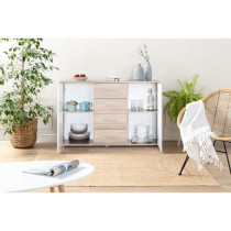 Buffet bas PILVI - 2 portes et 4 tiroirs - Blanc et chene sonoma - L 1