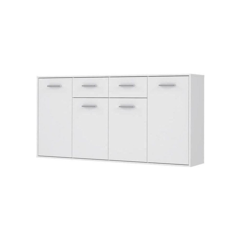 Buffet bas PILVI - 4 portes et 2 tiroirs - Blanc mat - L 162,3 x P 34,