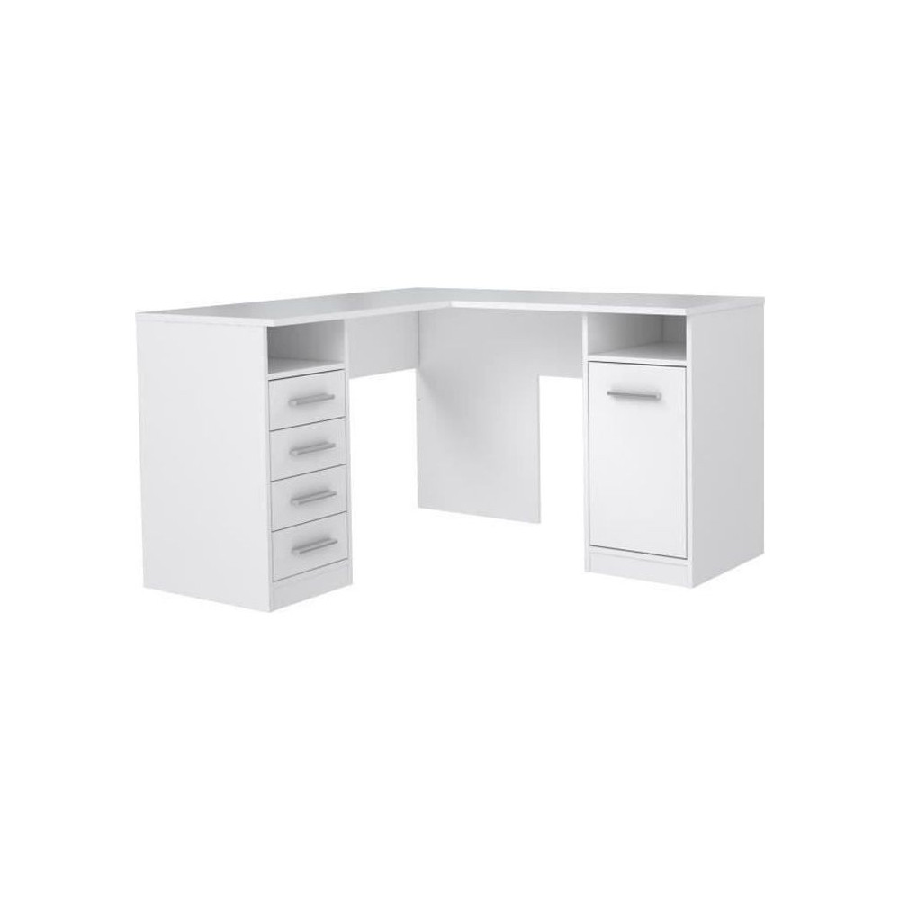 TOLEDE Bureau d'angle 1 porte 4 tiroirs - Décor papier blanc - L 125