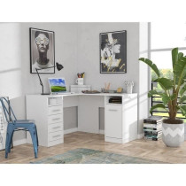 TOLEDE Bureau d'angle 1 porte 4 tiroirs - Décor papier blanc - L 125