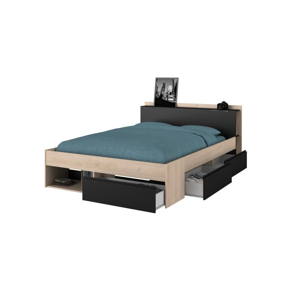 Lit adulte COMBO 140x190/200 cm - Chene et noir - 3 Tiroirs - PARISOT