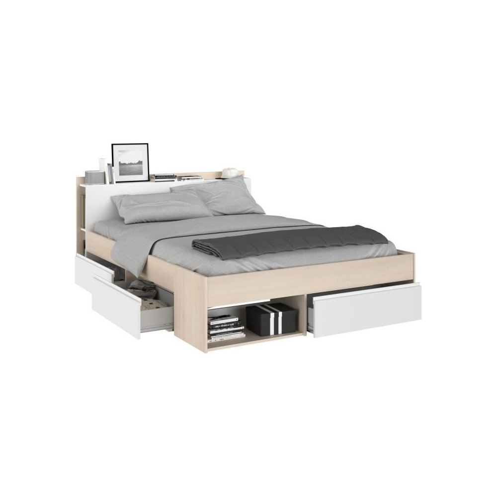 Lit adulte COMBO 160x200 cm - Chene et blanc- 3 Tiroirs - PARISOT Lit adulte COMBO 160x200 cm - Chene et blanc- 3 Tiroirs - PARISOT
