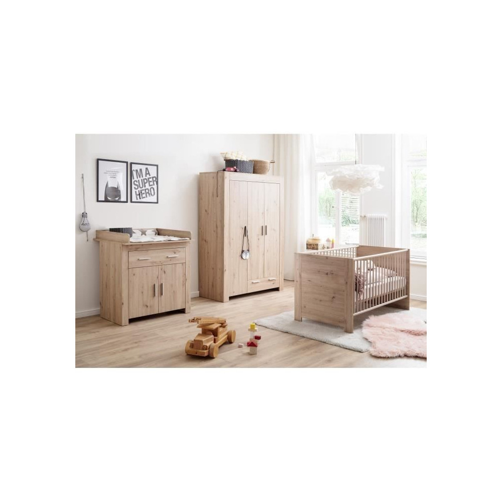 Chambre bébé Trio : Lit 70 x 140 cm + Commode a langer + Armoire AHO