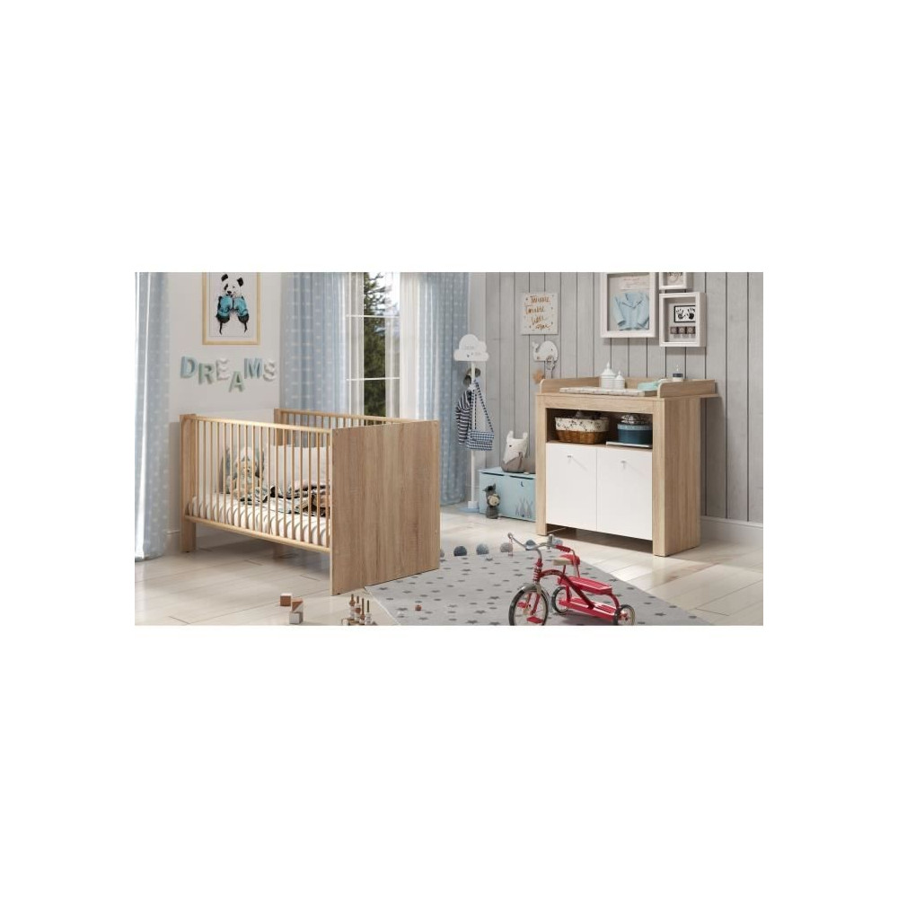 Chambre bébé duo PIA - Lit 70x140 cm + Commode a langer 2 portes - D