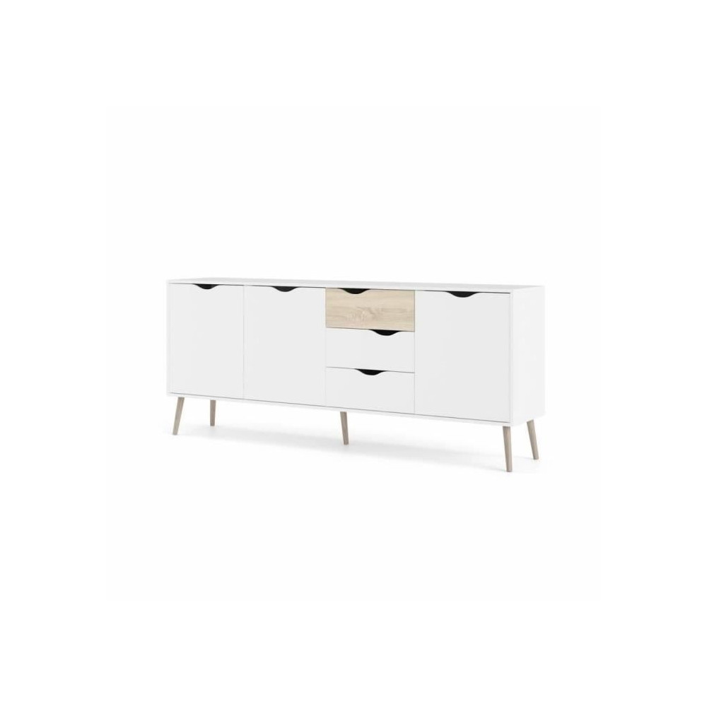 Buffet - Blanc / Chene - 3 portes / 3 tiroirs - Pietement évasé en b