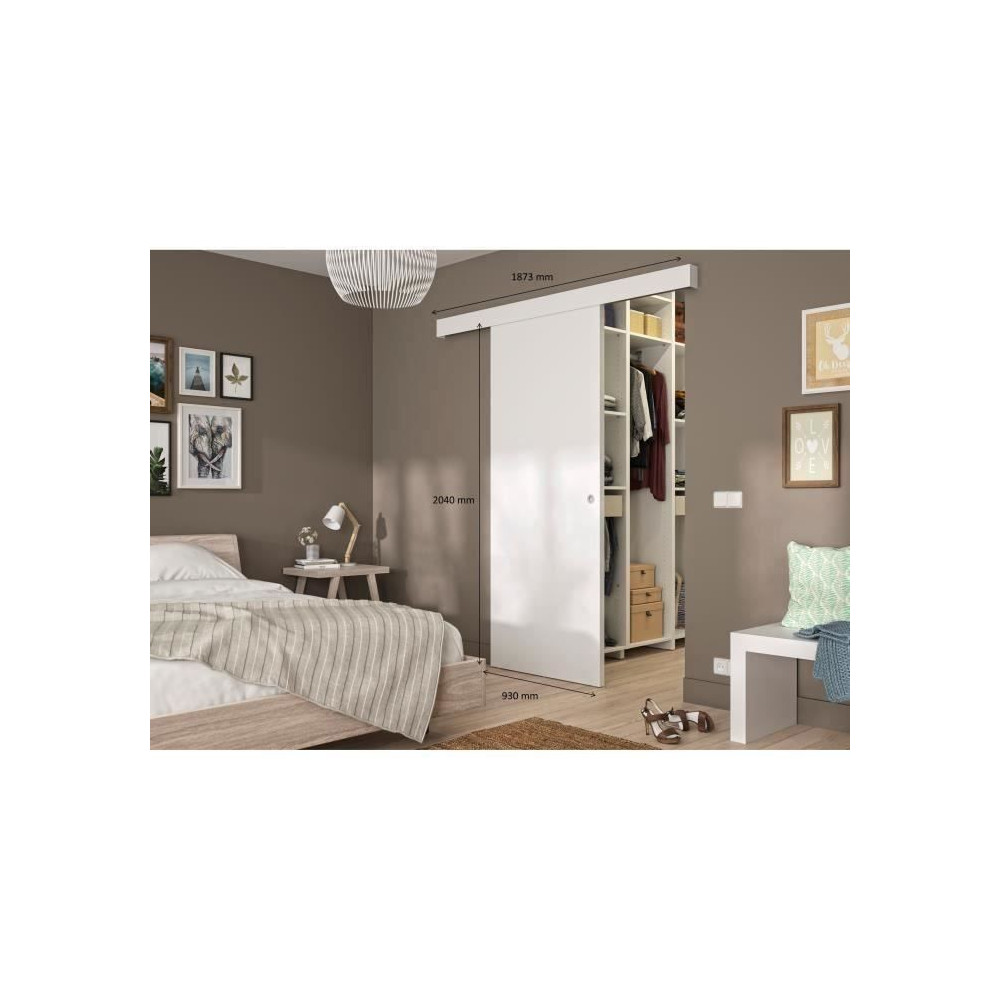 OPTIMUM - Kit porte coulissante blanc + rail + bandeau Blanc - H 204 x