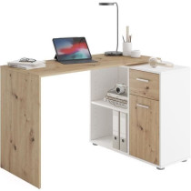 Bureau d'angle avec rangements Albrecht - Mélaminé chene et blanc -