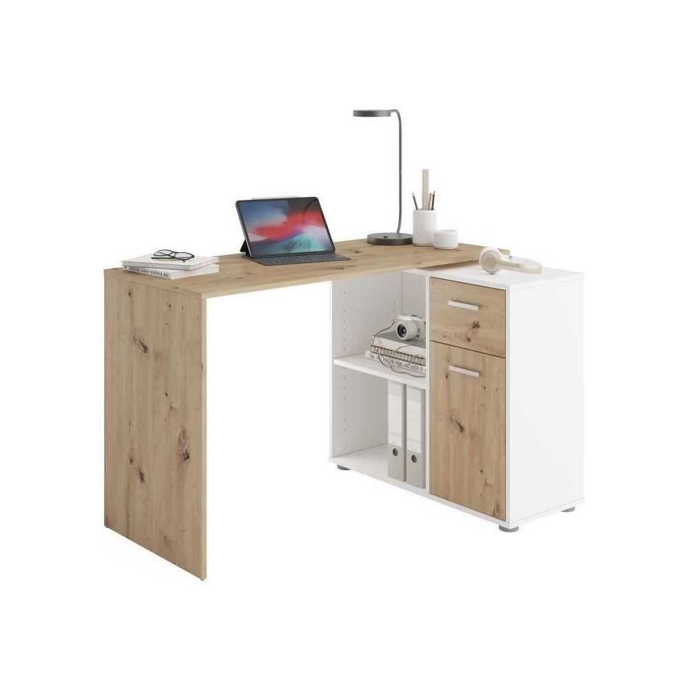 Bureau d'angle avec rangements Albrecht - Mélaminé chene et blanc -