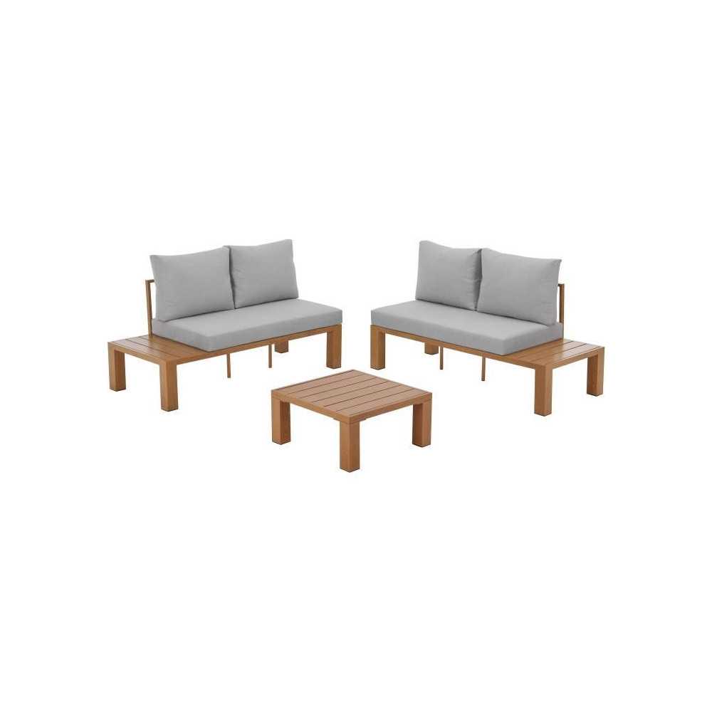 Salon de jardin canapé d'angle - Aluminium effet bois - 4 personnes -