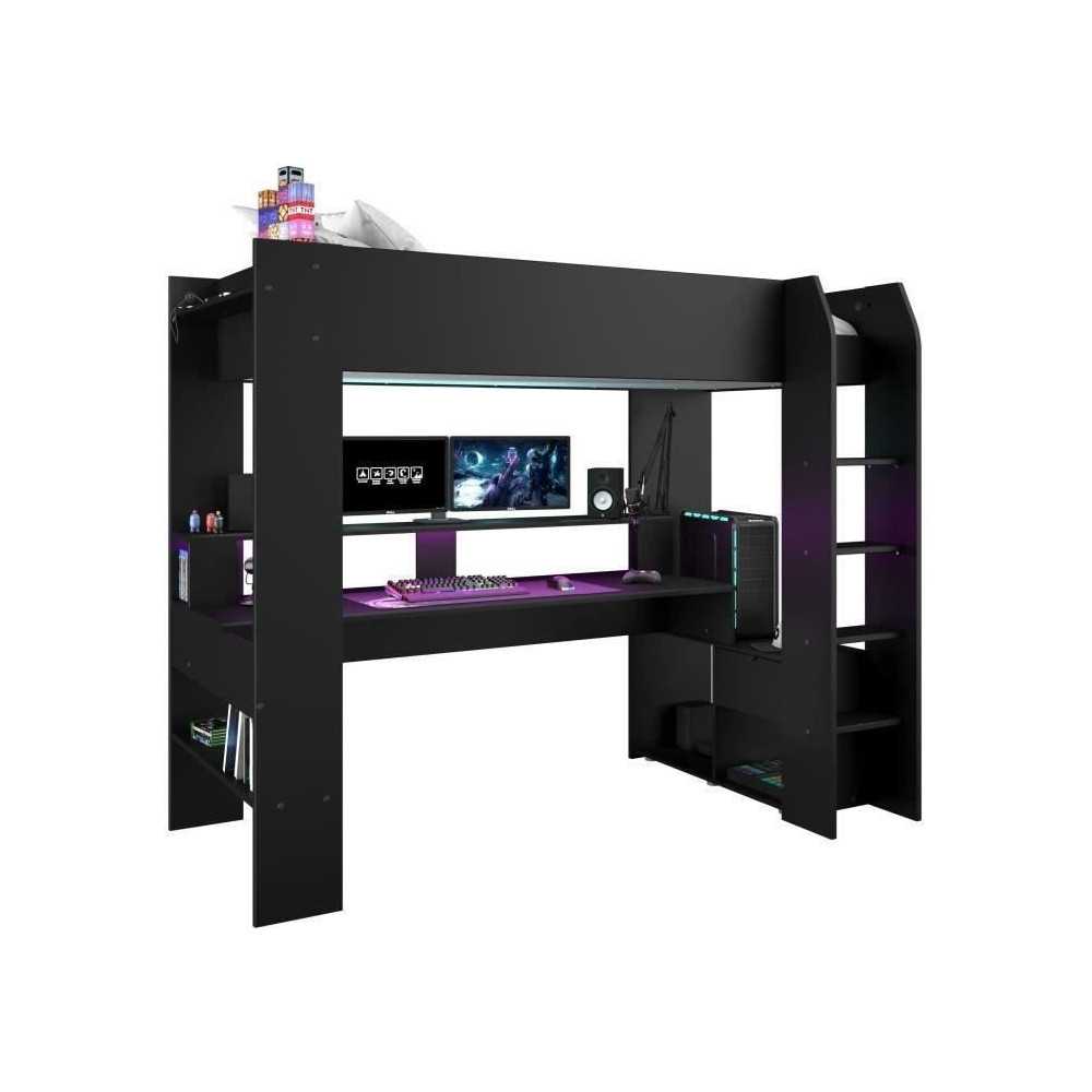 Lit mezzanine combiné enfant LED Gamer ONLINE - 90 x 200 cm - Noir ma