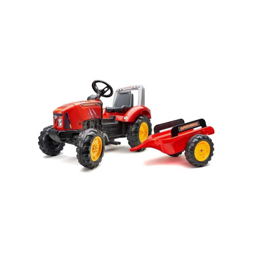 FALK - Supercharger red pedal tractor with opening hood and trailer in